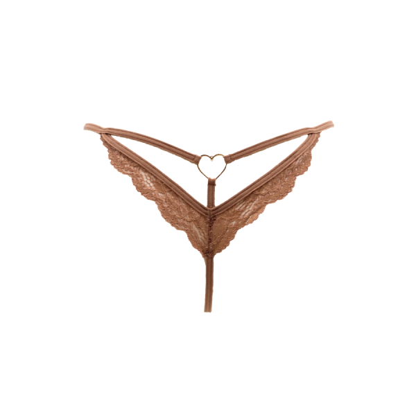 String taupe en dentelle avec bijou cœur doré 